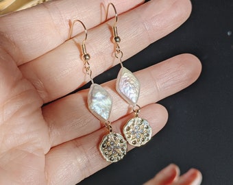 Freshwater rhombus-shaped pearl earrings/Freshwater pearl earrings with zircon star coin pendant/Single pearl dangle earrings/mother's day