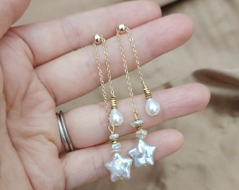 Baroque star pearl long dangle mismatched earrings, Asymmetric Baroque pearl dangle earrings, Pearl long drop earrings, Star earrings