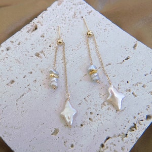 Long Dangle Baroque Pearl Earrings with Four-Point Pearl Star