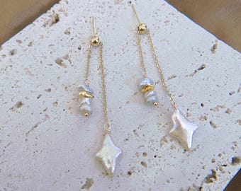 Pearl Drop Earrings: Baroque Star Design with Gold Chains (2 Inch)
