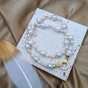 Baroque pearl necklace, Freshwater pearl necklace with a zircon closure, dainty pearl necklace, Big edison pearl necklace, Anniversary gift