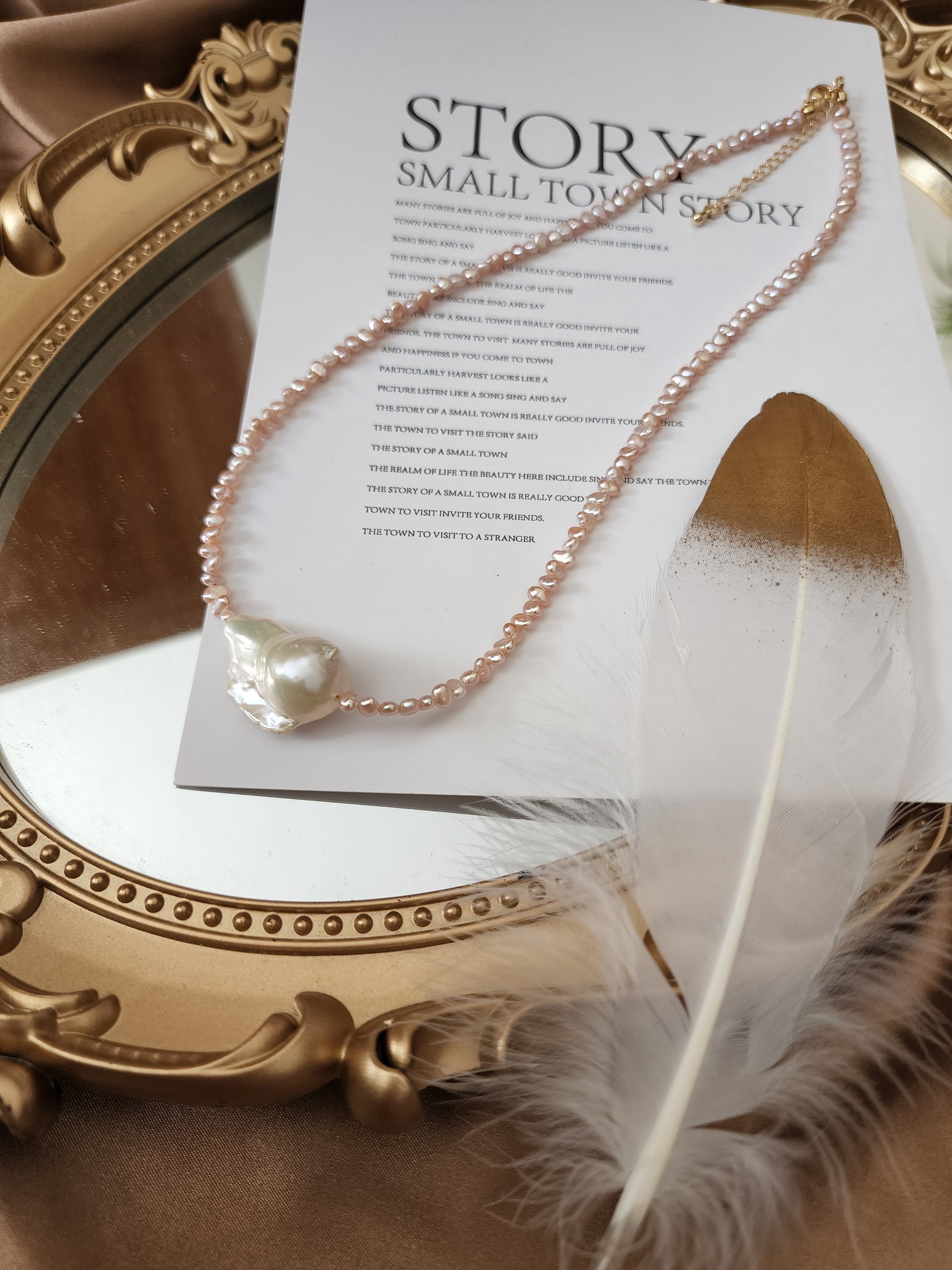Big baroque pearl necklace/Pink tiny pearl and white Baroque pearl necklace/Tiny pearl necklace/Baroque pearl pendant/genuine pearl