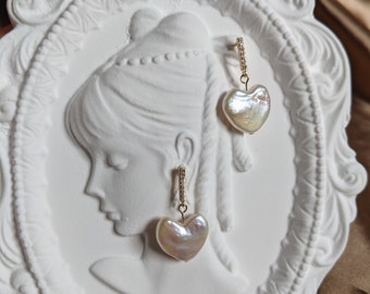 Heart baroque pearl earrings with micro zircon inlaid posts, heart pearl earrings, Freshwater heart pearl dangle earrings, best friend gift