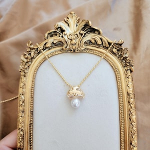 Gold mushroom necklace with freshwater Edison pearl pendant, brooch pendant, dual purpose brooch pendant for versatile wear