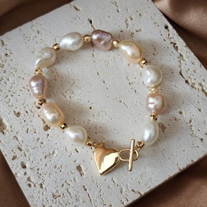 Multicolor Baroque Pearl Bracelet with a 14k Gold Heart Toggle