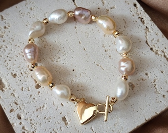 Multicolor big baroque pearl bracelet with a 14k heart toggle, Freshwater big pearl bracelet, Genuine pearl bracelet, Wedding pearl bracelet