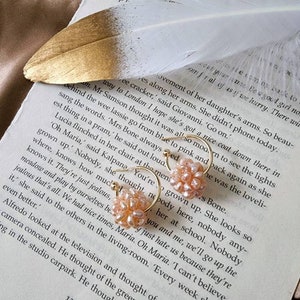 Pink pearl cluster earrings, Freshwater pearl ball hoop earrings, Seed pearl flower hoop earrings, Pearl ball earrings, Pearl hoop earrings