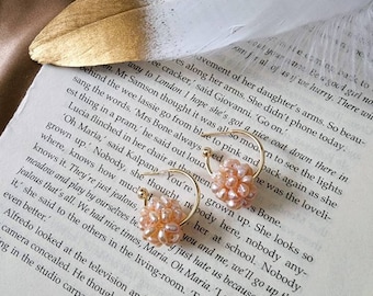 Pink pearl cluster earrings, Freshwater pearl ball hoop earrings, Seed pearl flower hoop earrings, Pearl ball earrings, Pearl hoop earrings