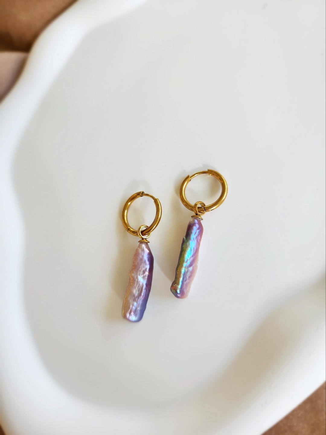 Iridescent Purple Biwa Pearl Earrings on 316L Stainless Steel