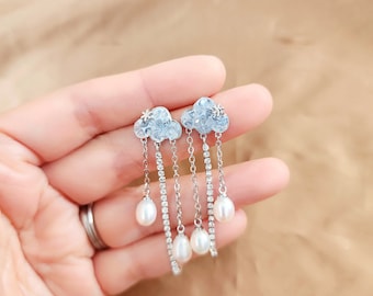 Crystal cloud earrings, Blue cloud studs, Silver chain dangle earrings, Pearl drop earrings, Crystal raindrop earrings, Weather-themed