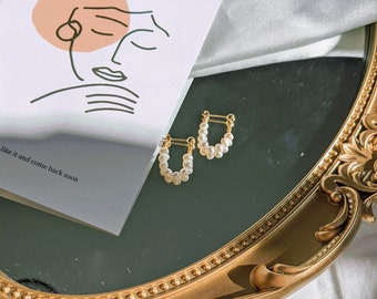 Seed pearl hoop earrings on 14k gold stud/Freshwater pearl hoop earrings/Small white pearl earrings/Mother's day gift/Birthday gift