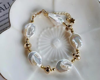 Baroque Pearl Bracelet, Freshwater, Gold or Silver Beads (Adjustable 6-8.5")