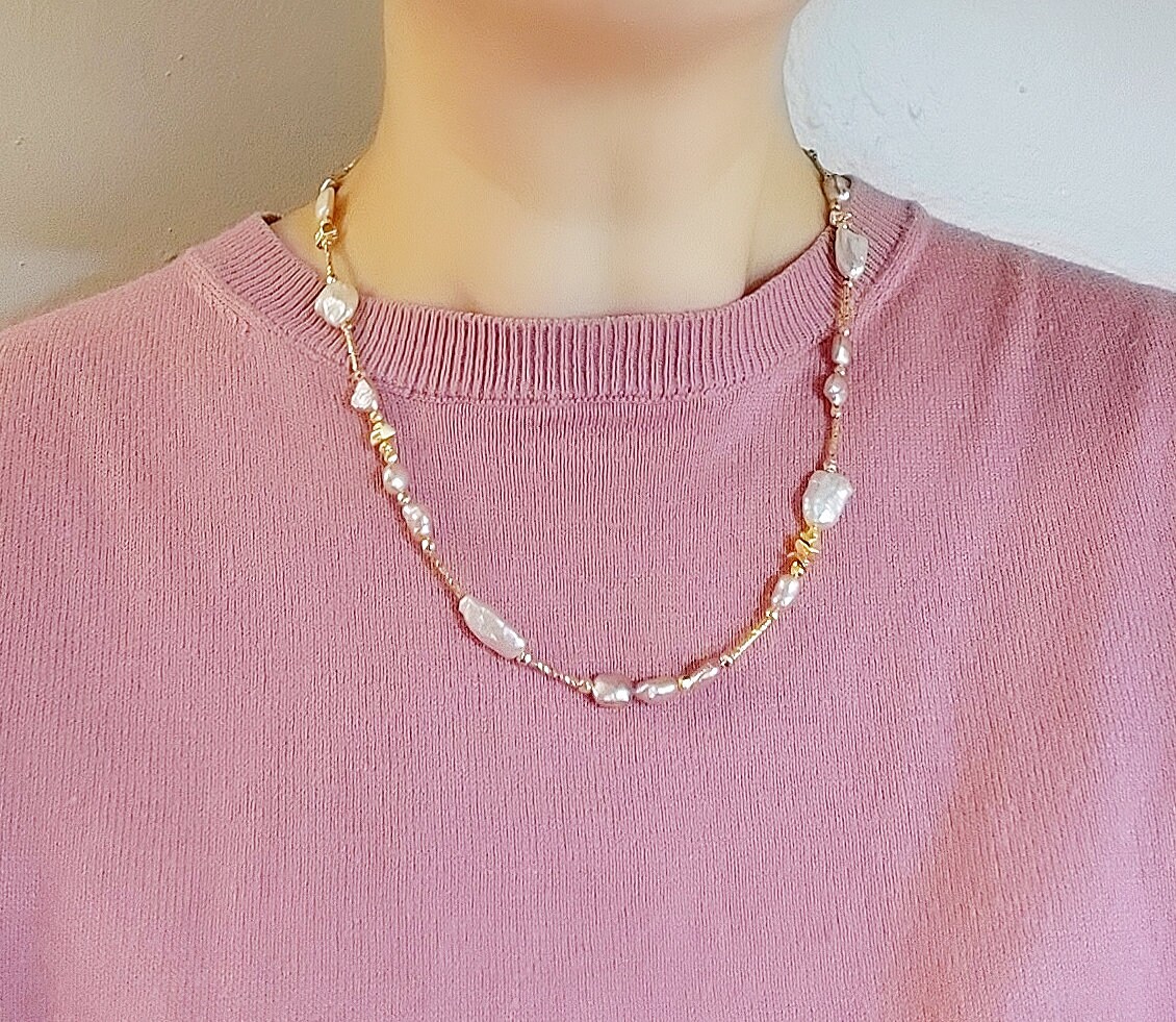 Pink Baroque Pearl Necklace, Pink Keshi Pearls, Pink and