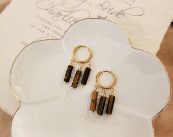 Earthy Tiger Eye Earrings - Brown Beads on Gold Hoops