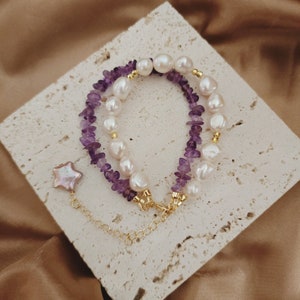 Double-strand freshwater Baroque pearl and purple amethyst bracelet with a purple pearl star, Purple gemstone and freshwater pearl bracelet