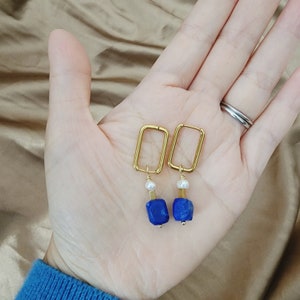 Lapis lazuli raw stone earrings on rectangle hoops , blue gemstone earrings, blue earrings, Lapis dangle earrings, Lapis drop earrings