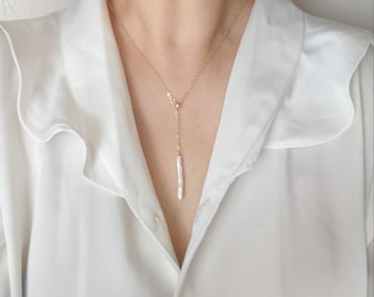Stick pearl Y necklace, Biwa stick pearl necklace, Long stick pearl lariat necklace, Pearl drop necklace, minimalist pearl necklace
