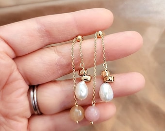 Baroque pearl dangle mismatched earrings with sunstones, Freshwater pearls, Adjustable length, Asymmetrical pearl earrings, sunstone