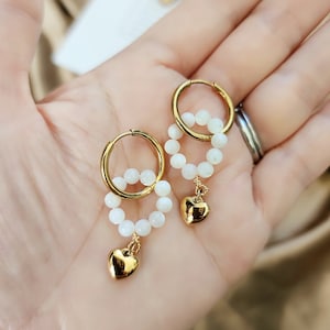 Mother of pearl hoop and 18k gold heart earrings, minimalist earrings, hoop dangle earrings, tarnish-resistant, stainless steel