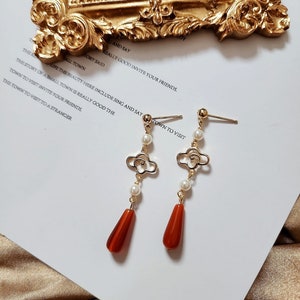 Carnelian Dangle Earrings: Red Teardrop Beads with Lucky Cloud Charm