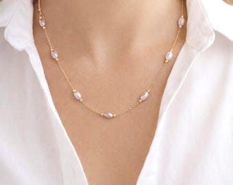 Lavender Pink Freshwater Pearl Necklace – Dainty Gold Chain, Mother's day gift