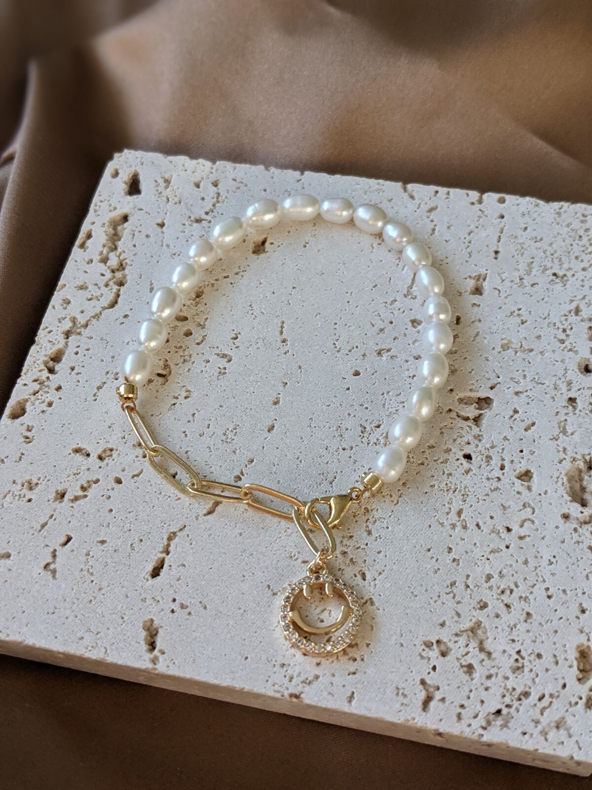 Smiley Face Freshwater Pearl and Chain Bracelet/half Pearl | Etsy