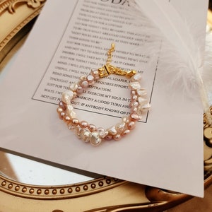 Double-strand pink freshwater Baroque pearl bracelet, Two-strand tiny pearl and petal pearl bracelet, Keshi pearl bracelet, Pink pearls