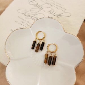 Tiger eye stone earrings, Brown stone earrings, Tigereye tube beads earrings on gold hoops, Earthy tone dangle earrings, Gemstone earrings