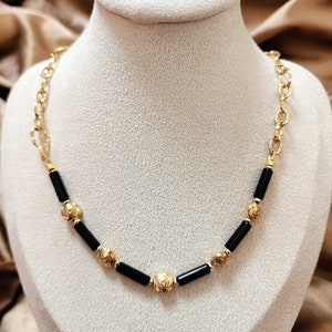 Black Onyx necklace/Black and gold necklace/Gold rose and black onyx necklace/Black gemstone/Black chain necklace