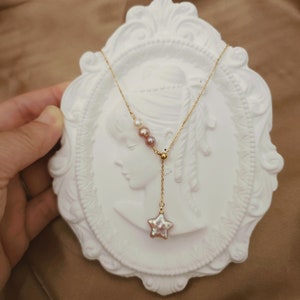 18k Lariat Pink Pearl Star Necklace, Y Necklace With 18k Lariat Pink Pearl Star Necklace, Y Necklace With
