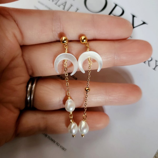 Asymmetrical moon earrings/Crescent earrings/Freshwater pearl dangle earrings/Long dangle white pearl earrings/White pearl drop earrings