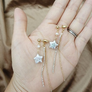 Baroque star pearl long dangle earrings with removable zircon tassel, Baroque pearl dangle earrings, Pearl long drop earrings