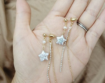 Baroque star pearl long dangle earrings with removable zircon tassel, Baroque pearl dangle earrings, Pearl long drop earrings
