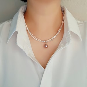 White and pink pearl double strand necklace with a removable purple pearl pendant, Tiny pearl two-strand necklace, Bi-color pearl necklace