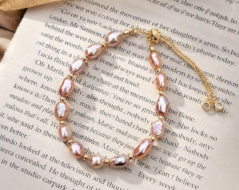 Pink Baroque Pearl Bracelet: Adjustable 18k Gold Chain, Faceted Beads