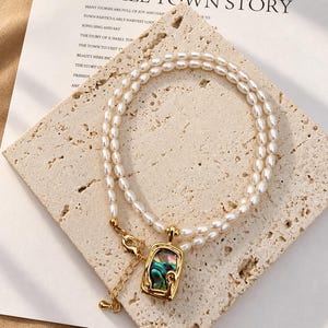 Freshwater Pearl Necklace - Rectangular Abalone Shell Pendant