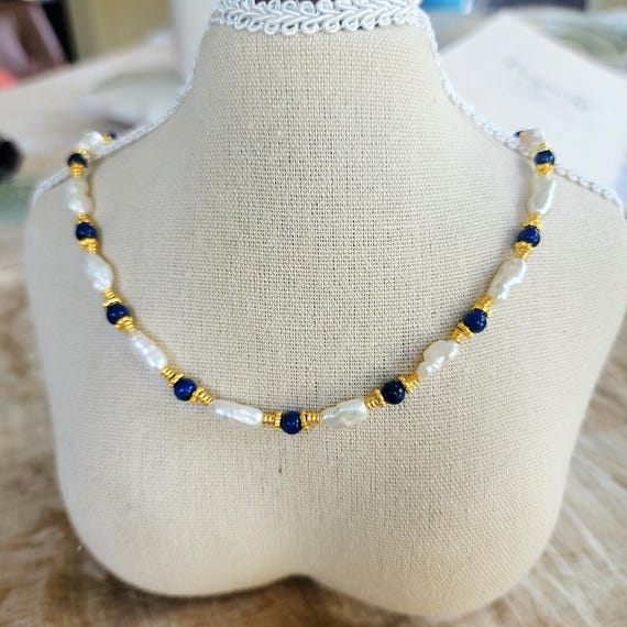 Baroque Pearl Necklace: Blue Lapis and Gold Accents Dainty