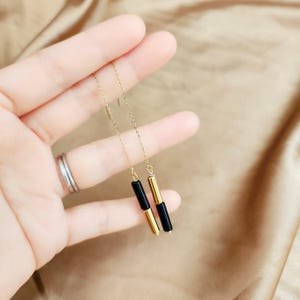 Black Onyx Threader Earrings, Gold Stainless Steel Asymmetric (Long Dangle) image 4