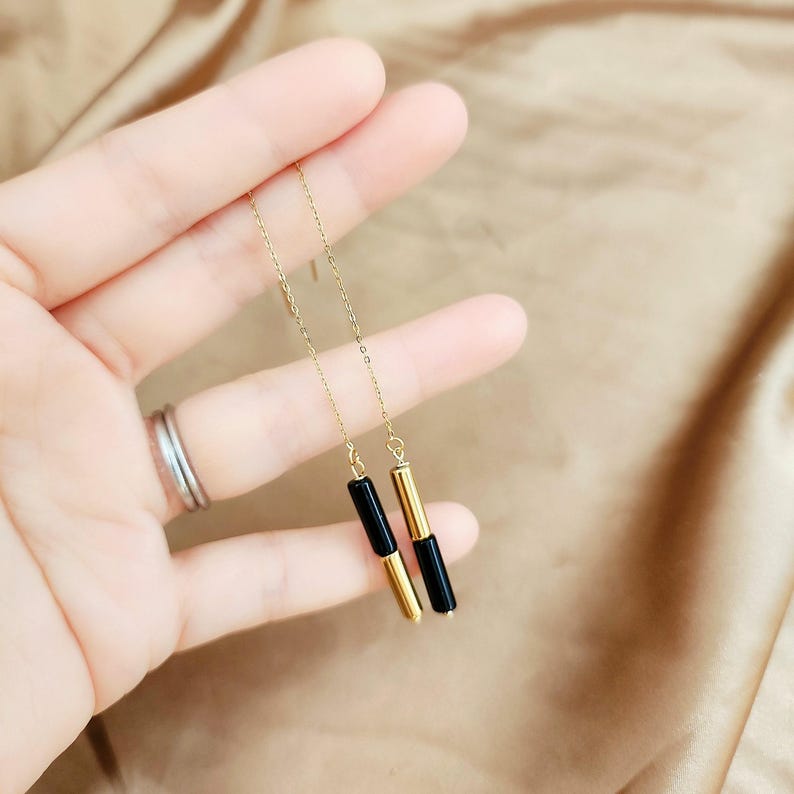 Black Onyx Threader Earrings, Gold Stainless Steel Asymmetric (Long Dangle) image 4