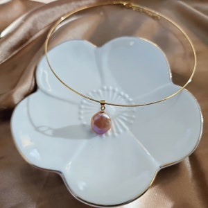 Choker necklace with a purple flat coin baroque pearl pendant/Natural pink baroque pendant necklace/Flat coin Baroque pearl pendant