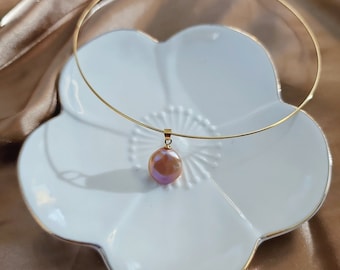 Choker necklace with a purple flat coin baroque pearl pendant/Natural pink baroque pendant necklace/Flat coin Baroque pearl pendant