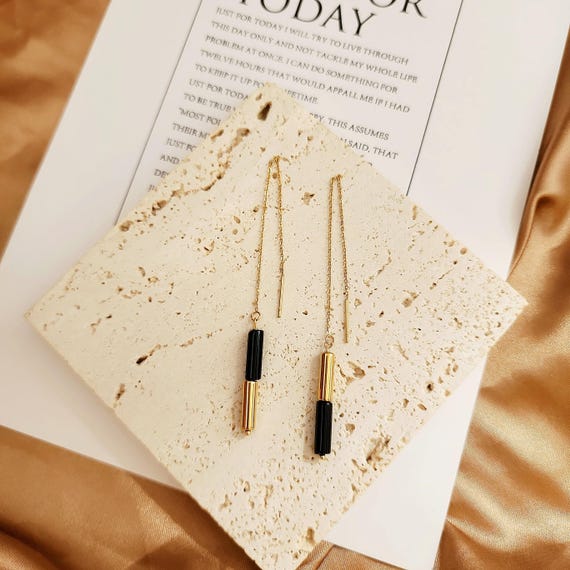 Black Onyx Threader Earrings, Gold Stainless Steel Asymmetric (Long Dangle)