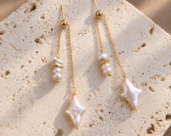 Pearl Drop Earrings: Baroque Star Design with Gold Chains (2 Inch)