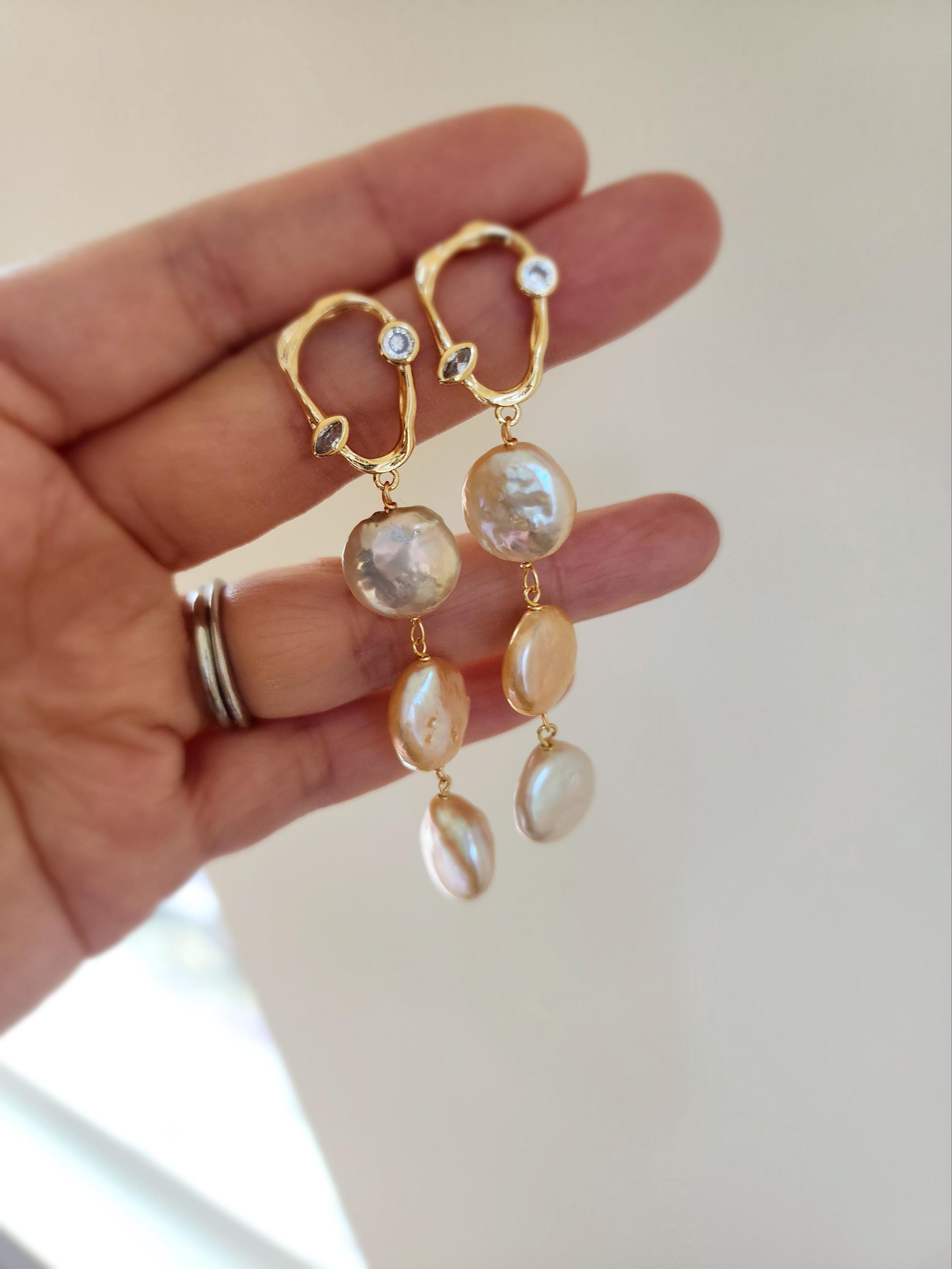 Boucles D'oreilles En Argent Sterling Avec Perle De Culture Baroque Et Apatite - Fait Main #1554