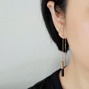 Black Onyx Threader Earrings, Gold Stainless Steel Asymmetric (Long Dangle) image 2
