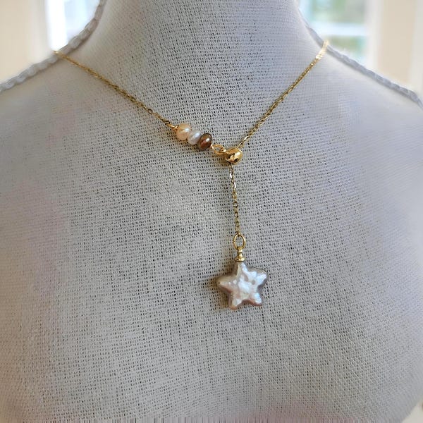 Pink Star Pearl Lariat Necklace - Adjustable length, 3-pearl Accent, Daily Y Necklace, Gold Chain