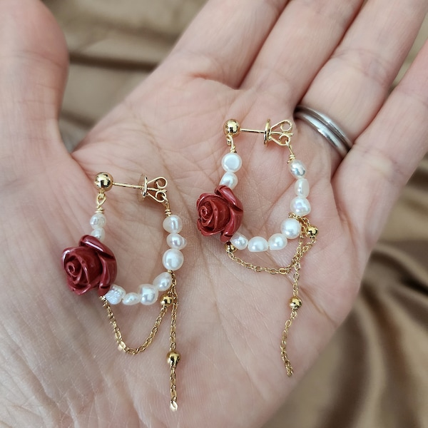 rose earrings, freshwater pearl hoop earrings, red rose, dangling chain, handmade jewelry, flower earrings, floral earrings, Baroque pearls