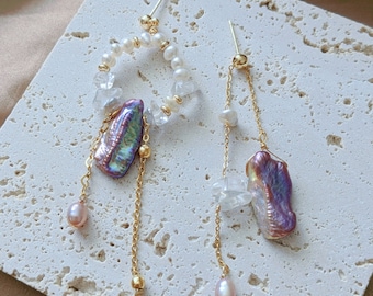 Purple Biwa Pearl Earrings - Asymmetric, Freshwater with Tiny Crystals
