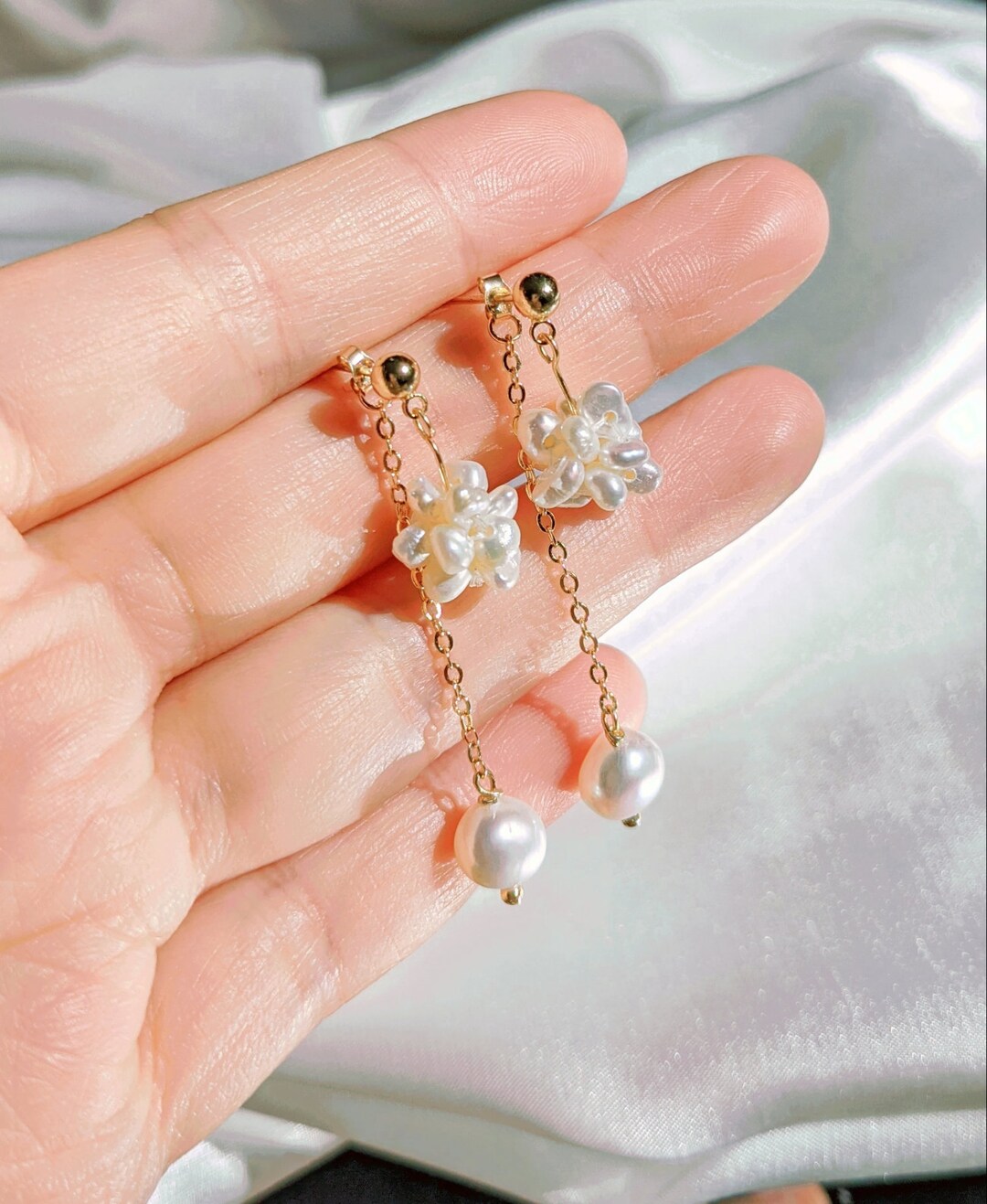 Pearl Ball Dangle Earrings/freshwater Pearl Earrings/flower Etsy