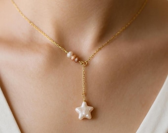 Pink Star Pearl Lariat Necklace - Adjustable length, 3-pearl Accent, Daily Y Necklace, Gold Chain